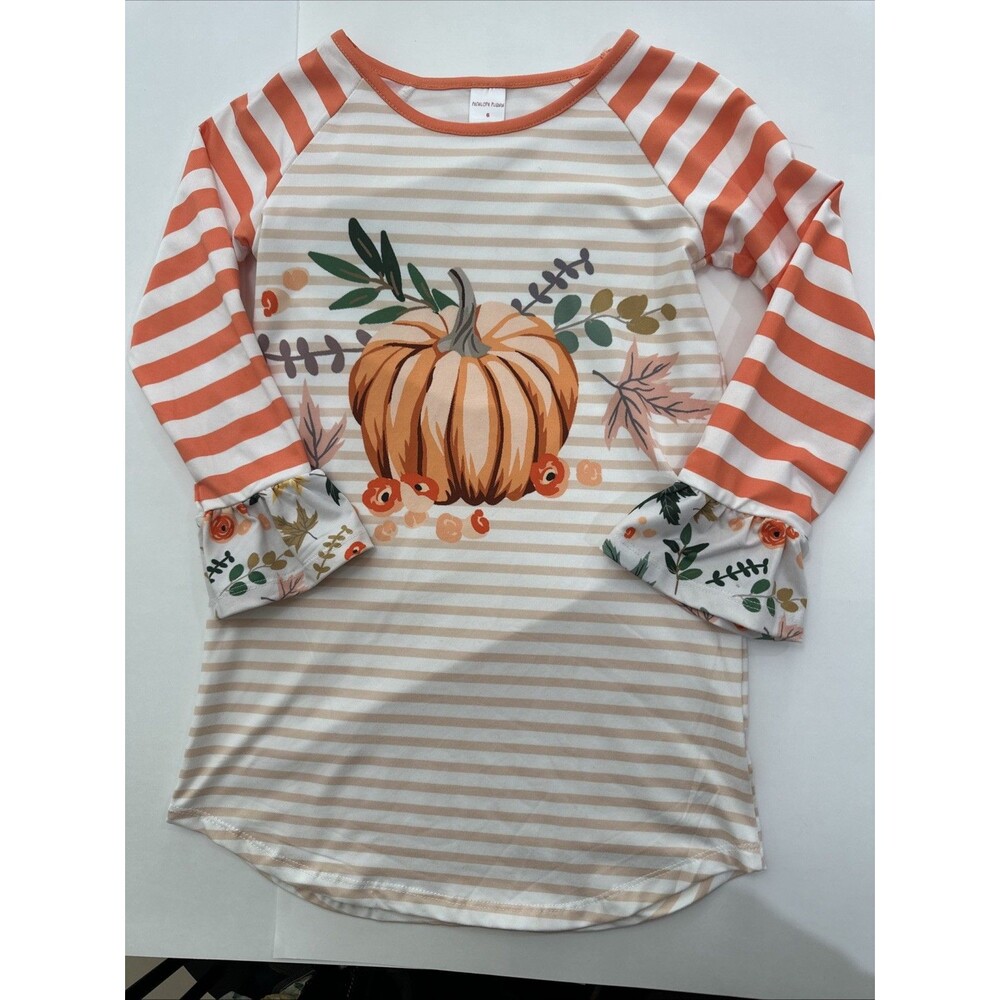 Penelope Plumm Girls Fall Striped Pumpkin Tunic Shirt with Floral Ruffle Cuffs 6